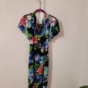 Connected Apparel Blue and Pink Cold Shoulder Sundress